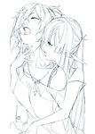 bare_shoulders closed_eyes collarbone greyscale hair_over_one_eye hug hug_from_behind jewelry kyo_(kuroichigo) lineart long_hair monochrome multiple_girls necklace off_shoulder open_mouth original pointy_ears signature sketch yuri 