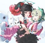  2girls @_@ arm_warmers bag bare_shoulders black_hair black_skirt black_thighhighs carrying colored_inner_hair commentary_request detached_sleeves dress fur-trimmed_skirt fur-trimmed_sleeves fur_trim green_eyes green_hair hair_ornament hairclip heart heart_hair_ornament highres licking multicolored_hair multiple_girls multiple_hairclips nangong_yu necktie open_mouth pink_arm_warmers pink_bag princess_carry red_nails red_necktie shirt short_twintails simple_background skirt striped_arm_warmers sunna_(zenless_zone_zero) thighhighs twintails uixy white_background white_dress white_shirt white_wings winged_bag wings yuri zenless_zone_zero 