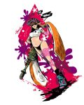  1girl black_panties black_socks blue_shoes commentary_request full_body gatling_gun grimace gun hat holding holding_gun holding_weapon inkling_girl inkling_player_character jbstyle looking_at_viewer midriff navel panties pointy_ears purple_hat shoes signature socks solo splatoon_(series) splatter tentacle_hair underwear weapon weapon_request 