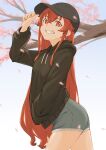  1girl adjusting_clothes adjusting_headwear alternate_costume baseball_cap black_hat black_hoodie blue_background branch cherry_blossoms commentary cowboy_shot crossed_bangs eris_greyrat falling_petals from_side gradient_background grey_shorts grin hair_between_eyes hand_in_pocket hand_up hat highres hood hoodie kurogoma183 long_hair long_sleeves looking_at_viewer mushoku_tensei petals red_eyes red_hair short_shorts shorts smile solo very_long_hair 