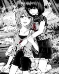  2girls :d above-cleavage_cutout amakura_mayu amakura_mio arm_at_side bandaged_leg bandages behind_another camisole camisole_over_clothes clothing_cutout collarbone day falling_leaves fatal_frame fatal_frame_ii:_crimson_butterfly feet_out_of_frame forest grass greyscale hand_on_another's_chest hand_on_another's_shoulder hand_on_another's_wrist heads_together highres isumi kneeling knees_up leaf leggings light_rays log looking_at_another looking_down looking_up miniskirt monochrome multiple_girls nature on_ground open_mouth outdoors parted_lips red_ribbon ribbon rock shirt shoes short_sleeves siblings sisters sitting skirt smile socks sunbeam sunlight three-quarter_sleeves tree twins 