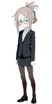  1girl bags_under_eyes black_jacket black_shoes black_skirt brown_pantyhose collared_shirt commentary commission english_commentary flat_chest full_body glasses green_eyes highres jacket long_sleeves original pantyhose pencil_skirt pixiv_commission round_eyewear senseigaki shirt shoes sidelocks skirt skirt_suit solo standing suit transparent_background white_shirt 