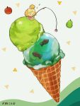  1girl animal_crossing animal_crossing:_new_horizons apple chibi chibikemo colorful_background commentary_request dog_girl fish fishing_rod food food_focus fruit furry furry_female green_background highres holding holding_fishing_rod ice_cream ice_cream_cone inuno_koro isabelle_(animal_crossing) multiple_scoops musical_note paw_print pear pink_shirt shirt simple_background sitting_on_food solo translation_request waffle_cone white_background 