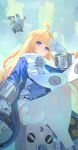 1girl absurdres ahoge bangboo_(zenless_zone_zero) black_gloves blonde_hair blue_eyes blue_jacket breasts commentary gloves highres humugo jacket long_hair looking_at_viewer norma_hollowell revision sitting small_breasts solo thighhighs very_long_hair white_thighhighs zenless_zone_zero 