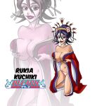  1girl black_hair bleach breasts collarbone commentary dopplegager english_commentary facepaint full_body grabbing_own_breast grin hair_ornament highres japanese_clothes kimono kneeling kuchiki_rukia large_breasts lips long_hair looking_at_viewer makeup navel panties parted_lips pink_panties purple_eyes red_kimono red_lips red_robe robe smile solo teeth underwear 