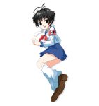  antenna_hair armband bbreaad black_hair blue_skirt brown_shoes budo_masuta commentary genderswap genderswap_(mtf) hair_intakes highres leg_warmers long_sleeves miniskirt red_armband red_ribbon ribbon sailor_collar school_uniform serafuku shirt shoes short_hair skirt untranslatable_commentary white_background white_shirt yandere_simulator 