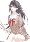  1girl absurdres bang_dream! bang_dream!_it's_mygo!!!!! black_hair brown_dress commentary dress drumsticks hanasakigawa_school_uniform highres holding holding_drumsticks long_hair long_sleeves mole mole_under_eye neck_ribbon no.0_fish purple_eyes red_ribbon ribbon sailor_collar sailor_dress school_uniform shiina_taki simple_background solo untranslatable_commentary white_background white_sailor_collar 