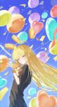  1girl absurdres ahoge artist_name balloon black_shirt blonde_hair blue_sky cake cho_kaguya-hime! closed_eyes commentary_request confetti day facing_to_the_side facing_viewer floating floating_hair floating_object food from_side fruit glint grin heart_balloon highres holding holding_stuffed_toy hugging_object kaguya_(cho_kaguya-hime!) light_particles long_hair outdoors plate shirt short_sleeves sidelighting signature sky smile solo somnya standing strawberry stuffed_animal stuffed_fox stuffed_toy turning_head upper_body v very_long_hair 
