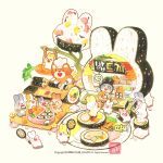  >_< ^_^ artist_name bear bento broccoli carrot chibikemo chopsticks closed_eyes commentary_request eating food heart holding holding_bento holding_chopsticks holding_knife holding_tennis_racket holding_with_chopsticks knife korean_commentary makisu makizushi on_food on_swing onigiri original oversized_food oversized_object rabbit racket rice sausage sitting spoken_heart sushi swing talbi tennis_racket traditional_media watermark white_background 