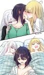  3girls absurdres ahoge black_hair blonde_hair blue_eyes cho_kaguya-hime! closed_eyes collarbone commentary dressing drooling english_text facing_another grabbing_another's_chin hand_on_another's_chin hand_on_another's_shoulder heart heart_ahoge hickey highres kaguya_(cho_kaguya-hime!) kiss kissing_back looking_at_another lying mole mole_under_eye morning_after multiple_girls on_back on_side one_eye_closed pillow pink_nails purple_eyes purple_nails red_eyes runami_yachiyo sakayori_iroha shiny_skin sleeping small_sweatdrop under_covers untranslatable_commentary upper_body white_background white_hair xp0p0p0x yuri 