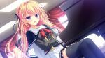  1girl black_jacket blonde_hair bow bowtie braid buttons cape ceiling da_capo da_capo_v day double-breasted dutch_angle emblem floating_hair from_below game_asset hair_bow highres indoors instrument jacket long_sleeves multicolored_jacket non-web_source official_art open_mouth piano playing_instrument playing_piano pleated_skirt purple_eyes red_bow red_bowtie sailor_collar school_uniform sitting skirt sleeve_cuffs striped_clothes takano_yuki_(allegro_mistic) two-tone_jacket visual_novel_cg white_sailor_collar white_skirt yasaka_menoa 