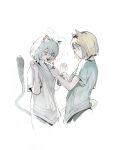  2girls :3 absurdres animal_ears blonde_hair breasts brown_eyes can cat_ears cat_girl cat_tail cigarette closed_mouth cropped_torso drink_can earrings fire from_side grey_hair grey_shirt hair_between_eyes hands_up highres holding holding_can holding_lighter jewelry kanji_(nievart) lighter lighting_cigarette looking_at_another looking_down medium_breasts mouth_hold multiple_girls open_mouth profile shirt short_hair short_sleeves simple_background smile smoke smoke_trail smoking tail white_background yaku_neko_(yani_neko) yani_neko yani_neko_(yani_neko) yellow_eyes 
