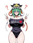  1girl ? absurdres anime_coloring asymmetrical_hair black_choker black_panties black_shirt blue_eyes blue_hat blush breasts choker closed_mouth clothes_writing collarbone commentary_request commission cosplay double_v frilled_hat frills green_hair groin hat heart hecatia_lapislazuli hecatia_lapislazuli_(cosplay) highres hypnosis large_breasts looking_at_viewer medium_hair mind_control off-shoulder_shirt off_shoulder panties pixiv_commission ringed_eyes shiki_eiki shirt simple_background smile solo ssaf_seibeupail touhou underwear v variant_set white_background 