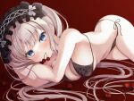  1girl black_bra black_hairband black_panties blue_eyes blush bow bra breasts cherry cleavage closed_mouth commentary cowboy_shot english_commentary floral_print floral_print_bra floral_print_panties food food_in_mouth frilled_hairband frills fruit grey_hair hair_spread_out hairband hands_up head_rest highres kagurazaka_(zwyz7227) large_breasts lolita_hairband long_hair looking_at_viewer lying on_side original panties print_panties red_background rose_print side-tie_panties sidelocks simple_background twintails underwear very_long_hair white_bow 