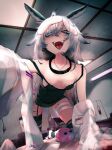  1girl absurdres animal_ears areola_slip black_collar black_hair black_nightgown black_thighhighs blood blood_bag blood_on_clothes blue_eyes breasts collar collarbone colored_inner_hair commentary english_commentary eranahh eye_mask hair_between_eyes highres indie_virtual_youtuber lab_coat long_hair mask mask_on_head mole mole_on_collarbone multicolored_hair name_tag nightgown open_mouth sea_bunny_girl second-party_source strap_slip thighhighs tongue umi_runa_(vtuber) virtual_youtuber white_hair 