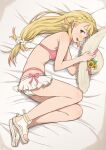  1girl ass bare_shoulders bed_sheet bikini bikini_skirt blonde_hair blush braid breasts commentary crown_braid fire_emblem fire_emblem_heroes flower from_above from_side gradient_hair green_eyes hat hat_flower holding holding_unworn_clothes holding_unworn_hat kuhuku006f86 long_hair looking_at_viewer lying medium_breasts multicolored_hair official_alternate_costume on_bed on_side open_mouth pink_bikini pink_hair sandals sharena_(fire_emblem) sharena_(sea_of_hope)_(fire_emblem) smile solo straw_hat sun_hat sunflower sweat swimsuit underboob unworn_hat unworn_headwear white_bikini 