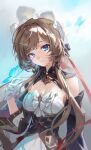  1girl black_sleeves blue_butterfly blue_eyes bonnet breasts brown_hair bug butterfly butterfly_on_hand butyou_(mika1412) cleavage closed_mouth commentary_request dress genshin_impact gloves grey_background hand_up highres long_sidelocks looking_at_viewer medium_breasts sandrone_(genshin_impact) sidelocks solo strapless strapless_dress upper_body white_gloves 