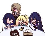  4girls aged_down blonde_hair blue_hair brown_hair cake chibi chibi_only durandal_(honkai_impact) durandal_(reign_solaris)_(honkai_impact) flying_sweatdrops food hnm_z holding holding_plate honkai_(series) honkai_impact_3rd long_hair multiple_girls o_o open_mouth plate purple_eyes purple_hair raiden_mei raiden_mei_(apho) rita_rossweisse rita_rossweisse_(miss_espionage) seele_vollerei seele_vollerei_(wings_of_panacea) short_hair sitting 