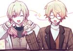  1boy 1girl :d ;d ^_^ black_sweater blonde_hair brother_and_sister brown_jacket cardigan closed_eyes commentary dot_nose finger_to_cheek glasses gradient_hair heart highres index_finger_raised jacket konidorome light_blush long_sleeves low_twintails multicolored_hair official_alternate_costume official_alternate_hairstyle one_eye_closed open_cardigan open_clothes open_jacket open_mouth orange_hair pink_hair project_sekai short_hair siblings simple_background smile sparkle sweater teeth tenma_saki tenma_tsukasa turtleneck turtleneck_sweater twintails upper_body upper_teeth_only v v-shaped_eyebrows white_cardigan white_sweater zozotown 