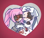  2girls alien_stage bite_usagi black_hair blood blood_on_clothes blood_on_face bridal_veil closed_eyes commentary dress english_commentary gloves long_hair long_sleeves mizi_(alien_stage) multiple_girls open_mouth pink_hair smile sua_(alien_stage) suit twintails veil wedding_dress white_dress white_gloves zombie_stage 