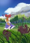  1girl absurdres blue_sky bow brown_flower brown_horns cloud commentary_request day facing_away flower forest from_behind gasubanana gourd grass hair_bow highres holding holding_gourd horn_ornament horn_ribbon horns ibuki_suika lily_(flower) long_hair low-tied_long_hair nature oni orange_hair outdoors purple_skirt red_bow ribbon ribbon-trimmed_skirt ribbon_trim scenery skirt sky solo tiger_lily touhou tree very_long_hair 