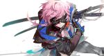  1girl battoujutsu_stance black_gloves black_jacket black_mask black_shirt blindfold_mask blood blood_drop blood_on_clothes blood_on_face blood_on_hand blood_splatter blue_gloves blue_jacket blue_necktie bokyo bracelet character_name closed_mouth colored_blood commentary_request dynamic_pose facing_viewer fighting_stance full_body gloves grey_pants grey_shirt highres holding holding_weapon jacket jewelry katana long_sidelocks mask multiple_swords necktie nijisanji outstretched_leg pants pink_blood pink_hair ready_to_draw shadow sheath sheathed shirt short_hair_with_long_locks sidelocks simple_background solo squatting sword three-quarter_sleeves two-sided_fabric two-sided_jacket variant_set virtual_youtuber weapon white_background yuuhi_riri yuuhi_riri_(7th_costume) 