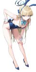  1girl alternate_breast_size_(smaller) animal_ears ankle bare_shoulders bent_over blonde_hair blue_archive blue_bow blue_bowtie blue_eyes blue_leotard bow bowtie breasts cleavage commentary english_commentary fake_animal_ears fake_tail full_body halo hand_on_own_hip hand_on_own_knee high_heels highres legs leotard long_hair looking_at_viewer official_alternate_costume playboy_bunny rabbit_ears rabbit_tail shiliu_xian_xian_xian simple_background small_breasts solo tail toe_cleavage toki_(blue_archive) toki_(bunny)_(blue_archive) very_long_hair white_background wrist_cuffs 