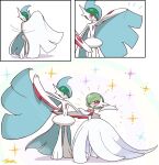  1boy 1girl arm_blade artist_name bob_cut cape commentary_request dress elbow_gloves gallade gardevoir gloves green_hair highres mega_gallade mega_gardevoir mega_pokemon monya multiple_views open_mouth pink_eyes pokemon pokemon_(creature) smile weapon white_dress white_gloves 