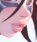  1girl alita battle_angel_alita brown_eyes brown_hair close-up commentary english_commentary facial_mark gloss_(hotglossed) highres lips looking_at_viewer nose paid_reward_available parted_lips pink_lips simple_background solo thick_lips white_background 