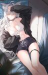  1girl absurdres ahoge animal_ear_fluff animal_ears arm_up armpits bare_shoulders black_choker black_jacket black_shorts blue_archive breasts camisole choker cleavage commentary couch crop_top dolphin_shorts drawstring grey_eyes halo hand_on_own_head hand_on_own_stomach highres jacket large_breasts long_hair long_sleeves looking_at_viewer lying midriff mismatched_pupils navel off_shoulder on_back on_couch open_clothes open_jacket pillow runa_(user_guwn7382) shiroko_terror_(blue_archive) shirt short_shorts shorts skindentation sleeveless sleeveless_shirt solo spaghetti_strap stomach thigh_strap thighs untranslatable_commentary very_long_hair white_hair white_shirt wolf_ears 