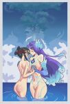  2girls ass bare_shoulders black_hair blue_fire blue_sky blush breasts brighid_(water_lily)_(xenoblade) brighid_(xenoblade) closed_eyes cloud commentary curvy day elbow_gloves english_commentary fiery_hair fire folded_ponytail gloves holding_hands interlocked_fingers itsjarrrd large_breasts long_hair morag_ladair_(obligatory_leave)_(xenoblade) morag_ladair_(xenoblade) multiple_girls navel outdoors purple_hair signature sky small_breasts swimsuit tattoo thighs tree very_long_hair visor_cap water xenoblade_chronicles_(series) xenoblade_chronicles_2 yuri 