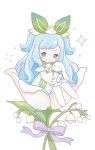  1girl aqua_eyes blue_eyes blue_hair blush bow chibi chinese_commentary closed_mouth commentary_request dress flower green_ribbon holding lily_of_the_valley long_hair looking_at_viewer no_shoes pantyhose ribbon roco_kingdom roco_kingdom:_world short_eyebrows simple_background sitting smile solo sparkle stuffed_animal stuffed_toy thick_eyebrows two_side_up very_long_hair white_background white_dress white_flower white_pantyhose xueying_wawa_(roco_kingdom:_world) 