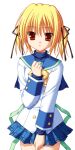  1girl back_bow blonde_hair blue_sailor_collar blue_shirt blue_skirt bow bowtie buttons clover_point double-breasted game_asset green_bow hair_ribbon jacket long_hair non-web_source official_art plaid_clothes plaid_skirt red_eyes ribbon sailor_collar school_uniform shirt short_hair short_twintails simple_background skirt tachi-e takanashi_yaya transparent_background turtleneck twintails white_jacket yellow_bow yellow_bowtie yuyi 