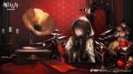  1girl apple arknights ascot black_ascot black_eyes black_hair breasts broken_halo candelabra candle candlestand chinese_commentary commentary_request copyright_logo copyright_notice crystal_wings cup detached_wings drinking_glass elbow_rest elbows_on_table flower food fruit grapes halo head_on_hand head_rest highres hime_cut indoors jacket kaifei_(kaifei_29) lipgloss logo long_hair long_table looking_at_object mole mole_under_eye official_art phonograph plate pomegranate small_breasts solo table tablecloth under-elbow_gloves vase vinyl_record virtuosa_(arknights) white_jacket wine_glass wings 