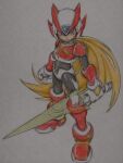  1boy adapted_costume android armor armored_boots bikini_armor black_bodysuit blonde_hair blue_eyes bodysuit boots breastplate colored_pencil_(medium) derivative_work energy_sword forehead_jewel gloves green_sword helmet highres holding holding_sword holding_weapon jeweled_helmet knee_boots long_hair looking_at_viewer male_focus mega_man_(series) mega_man_x_(series) mega_man_zero_(series) official_art_redraw photo_(medium) red_armor red_helmet serious shoulder_armor simple_background solo sword traditional_media two-tone_helmet tybradyy very_long_hair weapon white_background white_gloves white_helmet z_saber zero_(mega_man) 