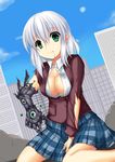  blazer blood blood_in_mouth blue_sky breasts building cleavage day dress_shirt empty_eyes gauntlets green_eyes highres hoshizuki_(seigetsu) jacket large_breasts original shirt short_hair silver_hair skirt sky smile solo torn_clothes yandere 