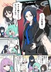  6+girls absurdres alternate_costume alternate_hairstyle aqua_hair arius_squad_(blue_archive) atsuko_(blue_archive) bindonkan black_hair black_hoodie black_jacket black_pants black_shirt black_sports_bra blue_archive blue_eyes blue_hair blue_halo blue_necktie blue_shirt blush closed_mouth collared_shirt colored_inner_hair commentary_request covering_own_mouth crossdressing crossdressing_(ftm) forehead hair_over_one_eye halo highres hiyori_(blue_archive) hood hoodie jacket long_hair maia_(blue_archive) misaki_(blue_archive) multicolored_hair multiple_girls necktie no_eyes open_clothes open_jacket open_mouth pants ponytail purple_eyes purple_hair red_eyes red_halo saori_(blue_archive) shirt side_ponytail smile sports_bra subaru_(blue_archive) suit translation_request turtleneck two-tone_hair white_hair white_jacket white_necktie 