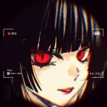  1girl black_hair black_sailor_collar black_serafuku chromatic_aberration eyeshadow fake_video fisheye highres hime_cut kayoi looking_at_viewer makeup neckerchief original recording red_eyes red_eyeshadow red_lips red_neckerchief sailor_collar school_uniform serafuku smile solo vignetting 