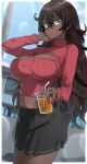  1girl absurdres belly black_hair black_skirt blue_sky blush breasts cleavage cleavage_cutout closed_mouth clothing_cutout commentary cowboy_shot crop_top cup dark-skinned_female dark_skin drink drinking_straw english_commentary green_eyes hair_between_eyes highres holding holding_cup large_breasts long_hair long_sleeves looking_at_viewer midriff miniskirt navel navel_piercing original outdoors ozzyart_0221 piercing pleated_skirt red_sweater ribbed_sweater skirt sky solo standing sweater thighs turtleneck turtleneck_sweater variant_set very_dark_skin very_long_hair 