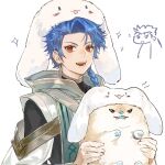  2boys animal animal_hat bashao blue_hair braid braided_ponytail commentary_request cu_chulainn_(fate) cu_chulainn_(lancer)_(fate) dog earrings fate/grand_order fate_(series) hat highres holding holding_animal holding_dog jewelry long_hair looking_at_viewer male_focus multiple_boys open_mouth rabbit_hat red_eyes setanta's_puppy_(fate) setanta_(fate) shirt simple_background smile white_background 