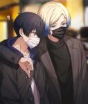  2boys ? arm_around_shoulder bad_id bad_twitter_id black_hair black_sweater blonde_hair blue_eyes blue_hair blue_lock blurry blurry_background drawstring gradient_hair hand_up highres hood hood_down hooded_jacket isagi_yoichi jacket lapels layered_clothes looking_at_viewer male_focus mask michael_kaiser moco_(1553561764583079936) mouth_mask multicolored_hair multiple_boys notched_lapels shirt short_hair sweater thumbs_down turtleneck turtleneck_sweater upper_body white_shirt 