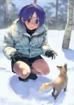  1girl alternate_costume bare_legs birch_tree black_gloves black_skirt blue_eyes blue_hair blurry blurry_background commentary_request day down_jacket footprints fox full_body furrowed_brow gloves highres jacket looking_at_animal matsubara_aoi open_mouth otsudou outdoors parted_bangs shadow short_hair skirt snow snowing solo squatting sweat to_heart to_heart_(series) tree white_jacket wide-eyed 
