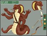  anthro arrow bow_(weapon) brown_body brown_scales brown_skin fangs four_arms g&#039;lek g'lek jupiterfox knife male model_sheet multi_limb multiple_arms naga open_mouth plain_background ranged_weapon reptile scalie snake solo ta&#039;rall ta'rall tan_scales tan_skin teeth tongue tongue_out weapon 