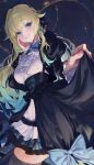  1girl aizawa_ema aizawa_ema_(6th_costume) aqua_hair ascot black_corset black_dress black_jacket black_ribbon black_thighhighs blonde_hair blue_bow blue_bowtie blue_eyes blue_gem bow bowtie braid breasts commentary corset dress earrings frilled_dress frills gem gradient_hair grin hair_flaps hair_ribbon hand_on_own_face highres holding_own_dress jacket jewelry juliet_sleeves large_breasts layered_dress lolita_fashion long_hair long_sleeves looking_at_viewer multicolored_hair open_clothes open_jacket puffy_sleeves rathree ribbon sidelocks smile solo thighhighs untranslatable_commentary virtual_youtuber vspo! white_ascot white_dress zettai_ryouiki 