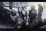  1other 2boys concept_art full_body gundam gundam:_hathaway's_flash hangar hathaway_noa highres looking_down looking_to_the_side mecha mecha_pilot_suit mobile_suit multiple_boys normal_suit_(gundam) pablo_uchida robot science_fiction sketch standing third-party_edit third-party_watermark xi_gundam 