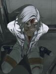  1boy aotsuki_eito bdsm bleeding blood blood_from_forehead blood_on_clothes blood_on_face bondage bound bound_arms bound_legs broken_eyewear bruise collarbone commentary_request gag glasses grey_hair highres improvised_gag injury jacket male_focus nosebleed o3xcmpeio772833 open_clothes open_jacket shirt short_hair solo tape tape_gag the_hundred_line_-last_defense_academy- torn_skin torture white_jacket white_shirt 
