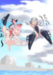  2girls absurdres aqua_hat black_hair black_one-piece_swimsuit coat collar colored_tips commentary_request cosplay drum_(kancolle) drum_(kancolle)_(cosplay) flat_chest garrison_cap gloves grey_hair hat headgear highleg highleg_one-piece_swimsuit highres kantai_collection kunashiri_(kancolle) metal_collar multicolored_hair multiple_girls one-piece_swimsuit open_mouth pink_hair red_hat scamp_(kancolle) scamp_(kancolle)_(cosplay) shimushu_(kancolle) short_hair shorts siblings sisters skull_print swimsuit swimsuit_under_clothes translation_request two-tone_hair two-tone_one-piece_swimsuit two_side_up white_coat white_gloves white_one-piece_swimsuit white_shorts yatsushiro_sakura 