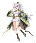  1girl :d ahoge ascot black_socks bow breasts brown_bow character_request collared_shirt commentary_request copyright_request dohyo123123 dot_nose footwear_bow full_body green_ascot hair_intakes hair_ornament high_heels highres knees_together_feet_apart large_breasts light_blush long_hair long_sleeves looking_at_viewer midriff_peek miniskirt navel open_mouth pink_eyes platform_heels platform_shoes pleated_skirt ponytail shirt shoes sideboob simple_background skirt smile socks solo tachi-e teeth upper_teeth_only very_long_hair white_background white_hair white_shirt white_shoes white_skirt 