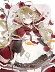  1girl ahoge apple apron bandaged_arm bandaged_leg bandages black_skirt blonde_hair braid branch cape closed_mouth collared_shirt cowboy_shot double-parted_bangs fiery_hair food frilled_apron frilled_cape frills fruit grey_hair hair_between_eyes hair_ornament hairclip headscarf highres holding holding_branch hood hood_down hooded_cape little_red_riding_hood_(fairy_tale) little_red_riding_hood_(fairy_tale_character) long_hair long_sleeves memuro original pleated_skirt puffy_long_sleeves puffy_sleeves red_cape red_headscarf shirt skirt solo striped_clothes striped_shirt tareme twin_braids vertical-striped_clothes vertical-striped_shirt very_long_hair white_apron yellow_shirt 