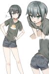  1girl absurdres akts625 androgynous ass back_peek bent_over black_hair black_shirt black_shorts blue_eyes blush blush_stickers breasts bright_pupils closed_mouth collarbone commentary contrapposto dot_mouth downblouse eyelashes feet_out_of_frame green_eyes hair_between_eyes hands_on_own_hips highres kino_(kino_no_tabi) kino_no_tabi leaning_forward leaning_to_the_side looking_ahead looking_at_viewer lowleg lowleg_shorts multiple_views musical_note open_mouth print_shirt raised_eyebrows shirt short_hair short_shorts short_sleeves shorts sidelocks simple_background skinny small_breasts solo_focus squatting t-shirt thigh_gap tomboy very_short_hair whistling white_background white_pupils 